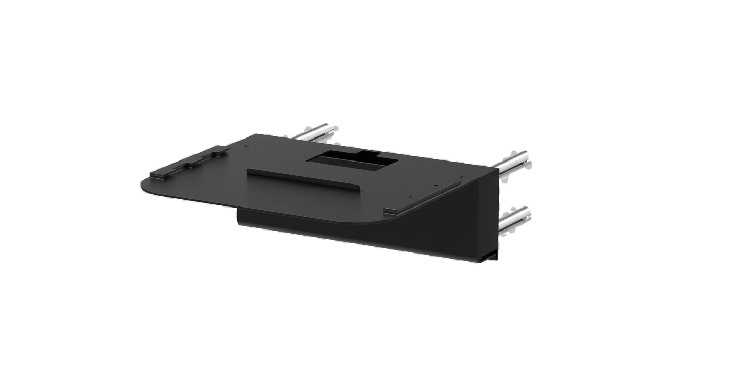 The Juice Box wall-mounted shelf bracket: a black metal bracket with two chrome mounting rails, shown without a station fitted