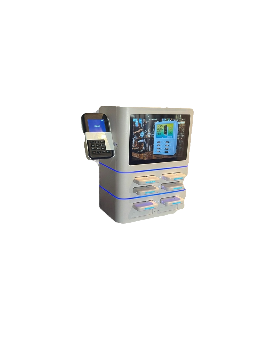 A Juice Box self-serve power bank rental station: a white unit with a screen, a card terminal on the side, and six power bank slots